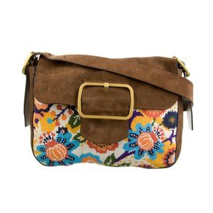 Tory Burch Sawyer Needlepoint Suede Shoulder Bag Brown Multicolored Florals